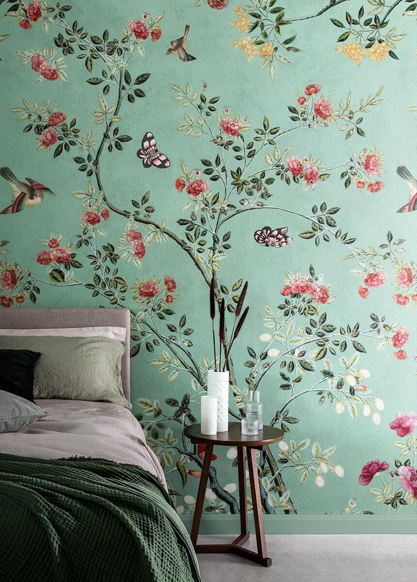 'Camellia Chinoiserie Jade Green' Wallpaper Murals